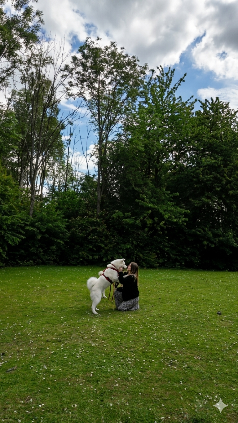 Solène avec un grand chien blanc dans un parc